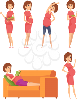 Pregnant woman. Mothers nutrition healthy food for pregnancy female happy cartoon vector characters. Illustration pregnant mother, maternity health with diet and sport