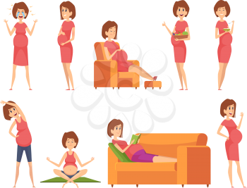 Pregnant characters. Healthy happy woman eating sleeping sporting active working pregnancy female lifestyle vector cartoon. Pregnancy woman, female pregnant character illustration