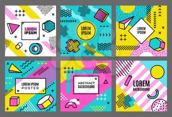 Memphis cards template. Abstract fashion 90s geometrical forms background line dots circles triangles shapes vector minimalistic. Illustration doodle layout colorful poster, geometry memphis pattern