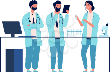 Doctors lab. Scientists characters standing near laboratory table make analysis medical or chemical education vector flat pictures. Doctor scientist in laboratory occupation illustration
