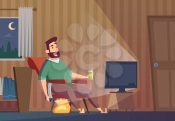 Watching tv. Fat lazy unhealthy man sitting on sofa relaxing sedentary lifestyle person watch soccer vector background. Lazy man watch television expression illustration