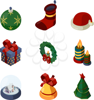 Xmas accessories. 3d happy new year celebration items bell cookie sweets tree candles candy gifts snow globe calendar vector isometric. Xmas gift, present candle, accessories isometric christmas