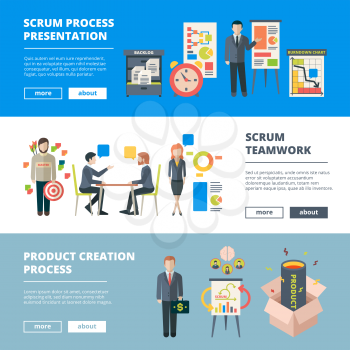 Scrum processes. Teamwork agile sprints software production collaboration project time management vector horizontal banners. Method planning and work, project management methodology illustration