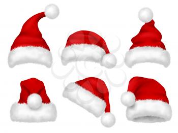 Santa red hat. Party fur christmas traditional velvet hat vector realistic images. Cap christmas, hat santa claus, costume to xmas holiday illustration