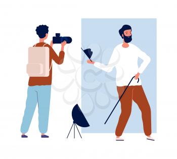 Actor photo session. Male photographer and creative man. Photo in studio vector illustration. Photography equipment studio, photograph job working