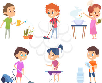 Kids housework. Childrens helping to their parents cleaning windows showering collect toys vector cartoon characters. Illustration housework cleaning, cartoon character vacuuming