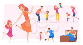 Good time kids. Happy parents with children playing learning dancing father mother with son and daughter vector set. Illustration parenting with child together, happiness mom love