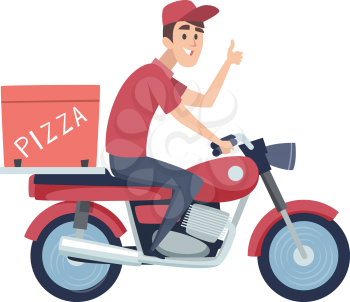 Delivery boy on motorcycle. Man ride on scooter. Isolated flat man delivers pizza vector illustration. Delivery pizza by motorbike, man motorcycle deliver