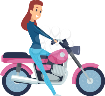 Girl driver. Cute woman on motorcycle. Isolated cartoon female rides motorbike vector illustration. Motorcycle and motorbike ride, bike transport