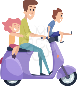 Happy children with father. Family weekend, man and kids on motorbike. Isolated cartoon cute boy girl riding on scooter vector illustration. Dad and son, daughter ride by scooter outdoor