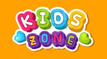 Kids zone banner. Cute colorful children playing room sticker. Playroom logo vector design. Baby zone, kid area and playroom emblem illustration