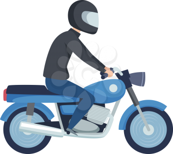 Man biker. Male on sport motorcycle. Flat boy in helmet drive scooter vector illustration. Motorcycle biker, man transportation ride speed bike