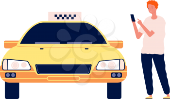 Man call taxi. Guy using car online app. Cartoon flat yellow auto and smiling boy vector illustration. Service taxi, transport cab and passenger use application