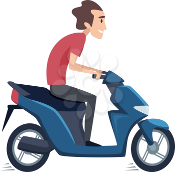 Man ride on scooter. Male drives motorbike, isolated flat rider vector character. Illustration drive ride motorbike, male by scooter