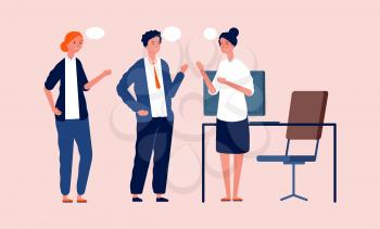 Office managers talking. Business meeting, people have conversation. Teamwork, cartoon workers vector illustration. Meeting conversation, business teamwork discussion