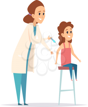 Vaccination. Flu virus protection, nurse syringe. Cartoon little girl and pediatrist. Children disease prevention vector illustration. Vaccination and pediatrist children, visit to prevention