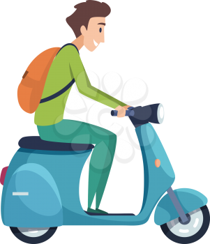 Young man on scooter. Student ride motorcycle, tourist with backpack drive motorcycle. Isolated student biker vector illustration. Trip road transport by bike, transportation character motorcyclist