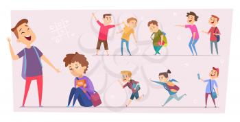 Bullying kids. Teasing stressed children conflict pupils in school little scare characters problem peoples vector set. Bullying school, child scared bully illustration
