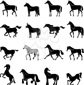 Horse silhouettes. Strong beautiful domestic animals horses in action poses running walking gallop jumping vector illustrations. Stallion horse silhouette, wild black mustang, strong domestic animal