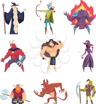 Fairytale characters. Fantasy creatures gremlins orc human warriors demon elf sorcerer giants vector cartoon pictures set. Orc and troll, goblin and witch illustration