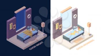 Wake up girl. Joyful happy woman in bed sleep in night and stretching hands in morning vector wake up isometric people. Illustration woman good morning, happy young girl awake