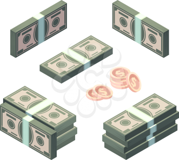 Money isometric. Cash gold coins and dollars finance banking symbols vector collection set. Money dollar wealth, heap isometry currency illustration