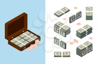 Stack money. American dollars golden coins buyers items banking symbols vector isometric collection. Illustration bank cash, money stack in case, american currency