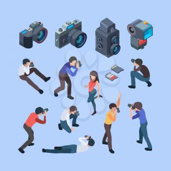 Photographers. Fashion photo shoot cinema camera professional digital people artists working making pictures or film vector isometric. Photographer with camera, character cameraman illustration