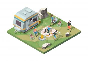 Outdoor picnic party. Camper fire place tent camp barbecue party table for food street grill pork and sausage vector isometric scene. Barbecue picnic cooking, cookout bbq illustration