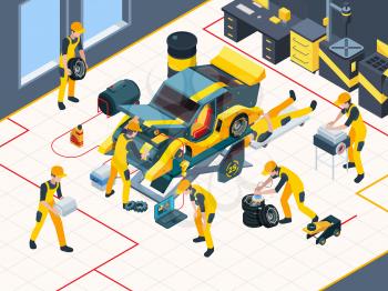 Car service. Workers mechanic repairing automobile change engine and wheels in garage interior vector inspection team isometric. Illustration auto mechanic, workshop automobile, car garage
