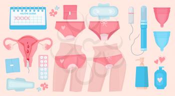 Women periodic. Menstrual cycles hygiene for female persons healthcare uterus and panties vector set. Hygiene and menstruation, menstrual sanitary female illustration