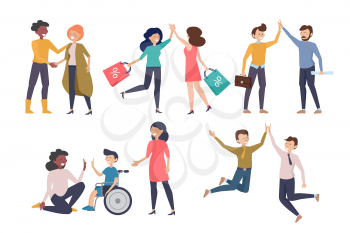 High five. Happy people celebration hands gestures greeting friends and colleagues happiness of crowd vector set. Illustration friendship greeting, partnership together happy high five