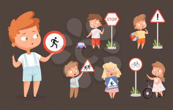 Kids rules road. School people with traffic signs safety education crossing road traffic lights vector cartoon characters. Sign road for pedestrian, child education traffic and crosswalk illustration