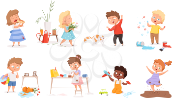 Kids destroy. Little delinquent messy children hyperactivity energy games vector different troubles situation. Children destroy and smash, trouble situation carelessly illustration