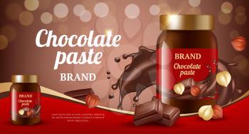 Chocolate cream ads. Delicious sweet brown paste flowing eat product vector realistic promotional placard. Sweet dessert, chocolate paste splash illustration