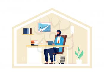 Man work from home. Isolation period, safe life and freelance job. Businessman communicate with tablet, digital online meeting vector illustration. Man online in quarantine period