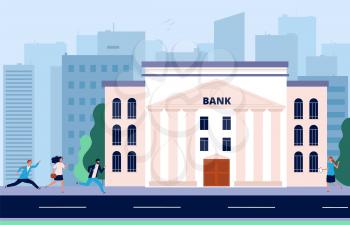 People run to bank. Financial crisis, crowd need money. Banking system, city administrative building vector illustration. Crisis and bankruptcy, business problem
