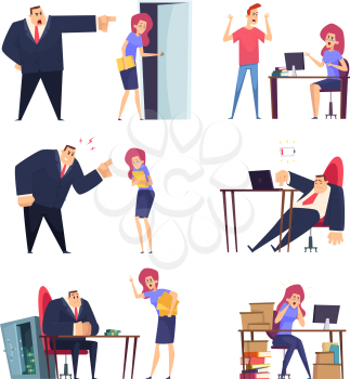 Burnout job. Problem at work overwhelmed sleepy lazy managers stressed stuff angry boss tired characters vector people. Illustration character employee tired in office, business angry boss