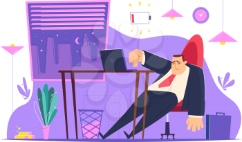 Burnout character in office. Lazy tired managers young entrepreneur depression people bad atmosphere vector business concept. Illustration character burnout work, office employee tired