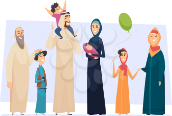 Arabic family. Male and female muslim happy persons father mother kids and elders seniors vector saudi people. Muslim family father mother with boy, girl illustration