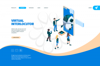 Smart chatbot. Dialogue with future computer brain receiving information digital intelligence customer support vector isoetric landing page. Chat robot conversation, ai and people illustration