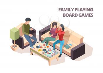 Family playing board game. Cards monopoly chess home leisure playing vector isometric happy people. Family game together, board play illustration