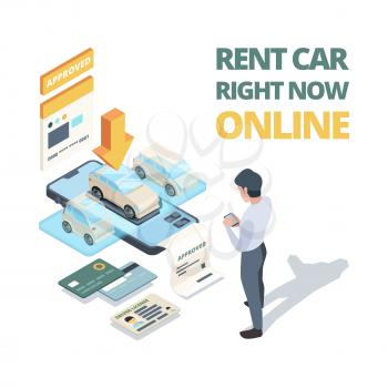 Rent car online. Digital buying automobile or car sharing service dealership online shopping vector isometric concept. Illustration online rent auto, automobile vehicle lease