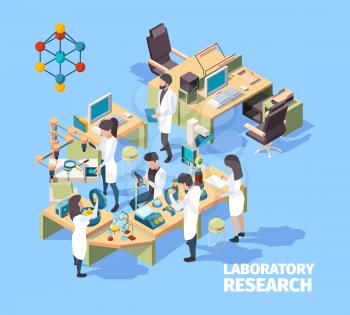 Science people. Laboratorium interior group of scientists doctors nurses working in clinic lab vector isometric characters. Lab science, scientist research laboratory, chemical equipment illustration