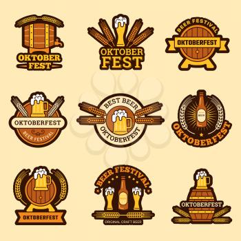 Oktoberfest badges. Alcoholic drinks craft beer inviting to celebration german traditional festive vector beer emblem. Illustration beer alcohol label collection, badge and sign