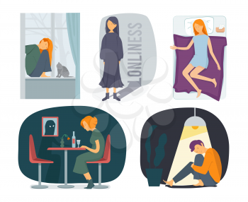 Loneliness characters. Stressed depressed people bad psychical rain at soul fearfully woman emotion vector visualization. Depression loneliness, alone person illustration