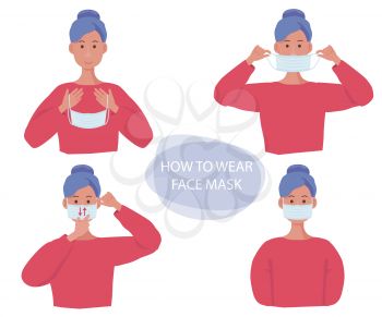 Protective mask. Human gestures how wear flu mask on face health infection protection vector concept info illustration. Mask protection, medical protect and prevention covid-19 or pollution