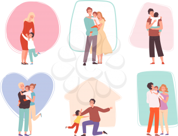 Hugging kids. Parents embrace their children. Happy family characters comforted talking mother father and baby vector group. Illustration hug and embrace, happy children and parents