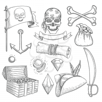 Pirate items. Ship sea adventure elements treasure chest cross star map nautical symbols vector pirate weapons. Sea elements, anchor and pirate treasure illustration