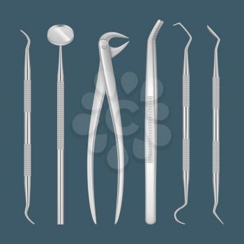 Dentist tools. Medical items for close up inspecting tooth hospital dental clinic professional hygiene in metal instruments vector realistic pictures. Illustration dentist mirror, dentistry equipments